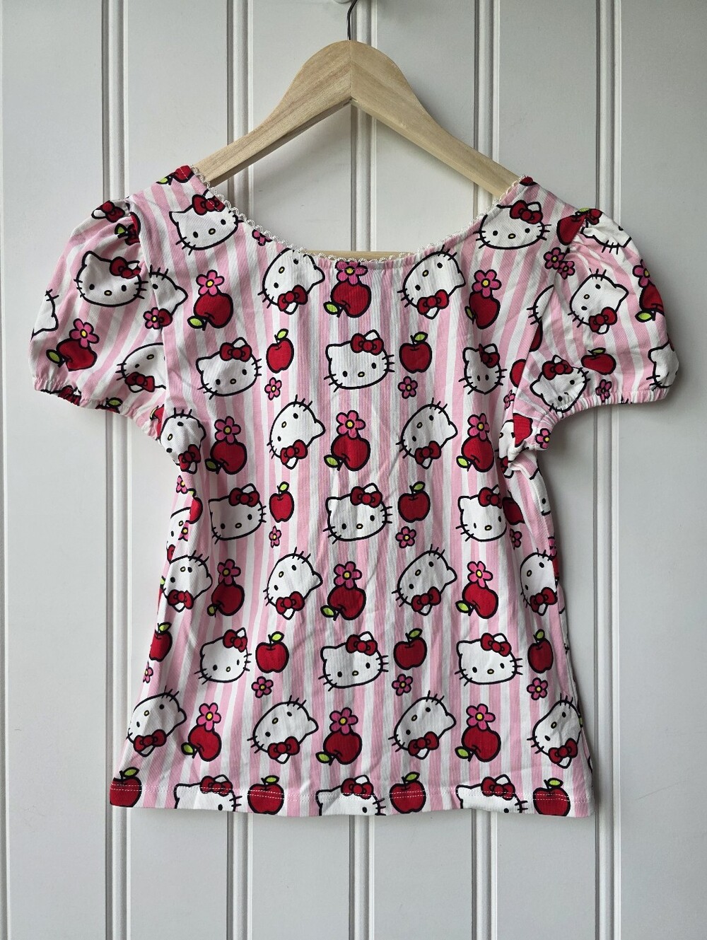 Hot Topic Hello Kitty Sanrio Y2K Pink Striped Blouse Top Apples Small Medium - Picture 9 of 11